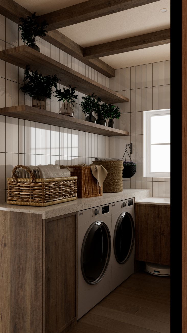modern rustic laundry room with natural decor